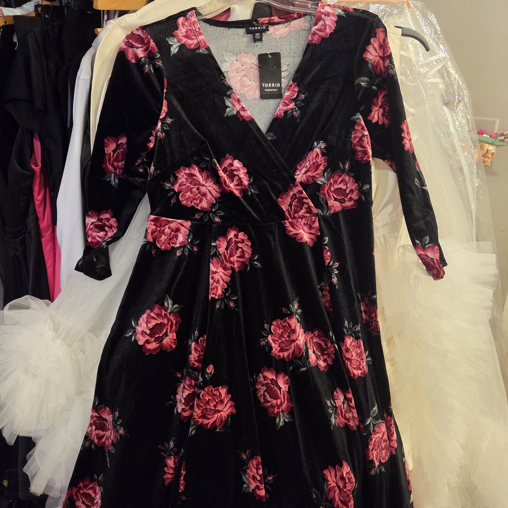 Torrid Velvet Black and Pink Floral Dress